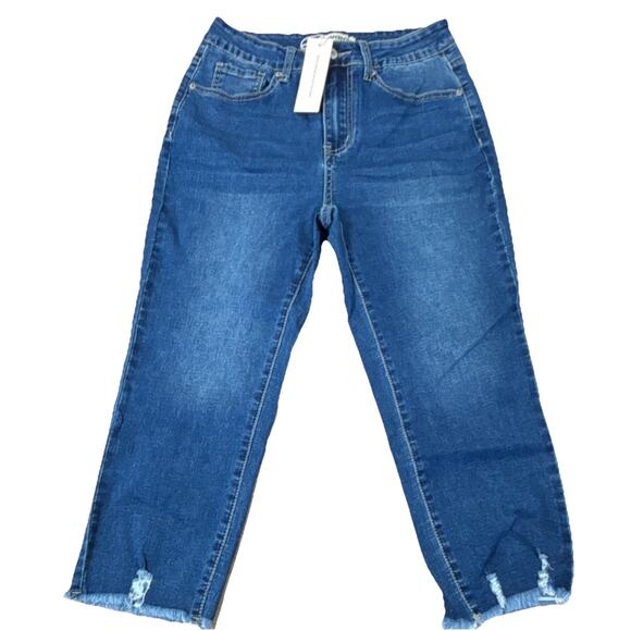luvamia Denim - luvamia Distressed Frayed Hem Blue Denim Jeans Women Button Zip Stretch